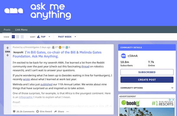 Come commercializzare la tua attività su Reddit, esempio di post immagine da subreddit r / IAmA