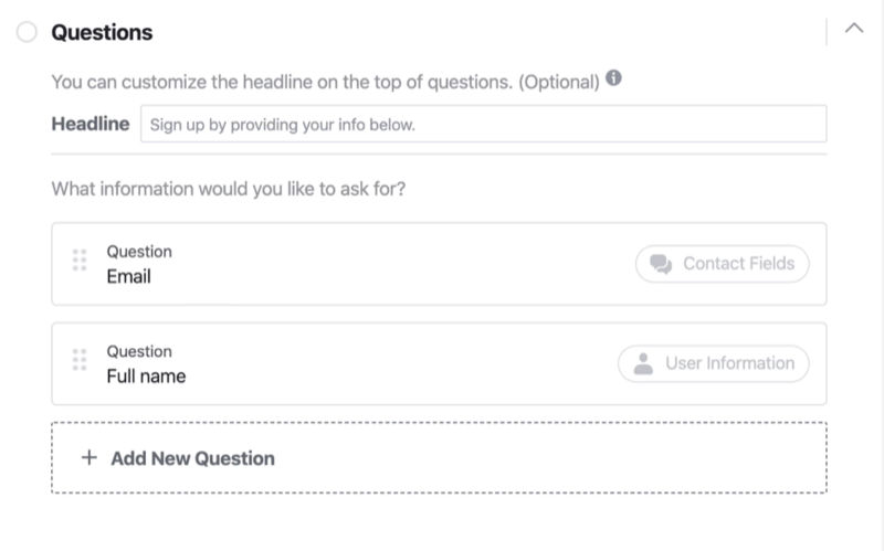 Sezione domande del processo di configurazione del modulo per i lead di Facebook