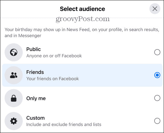 opzioni del pubblico di Facebook