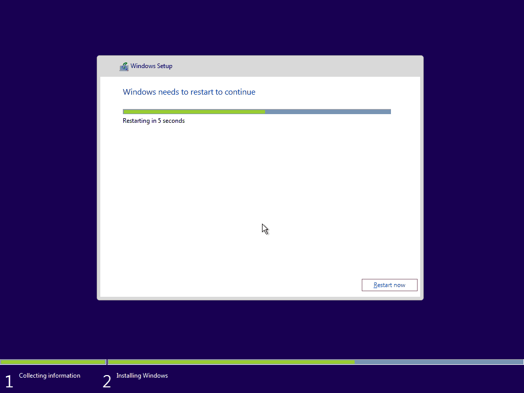 12 Riavvio di Windows 10 Installazione pulita