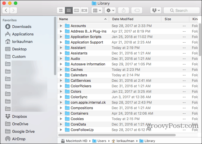 Cartella Libreria nella cartella Home nel Finder su Mac