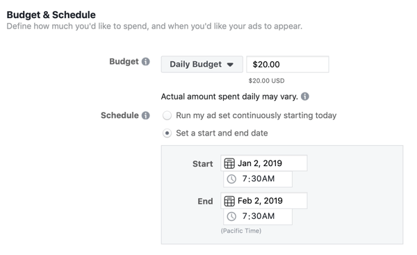 Opzioni di budget e pianificazione per una campagna pubblicitaria principale di Facebook.