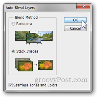 opzioni di fusione automatica dei livelli toni senza soluzione di continuità colori tutorial di fotografia di Photoshop