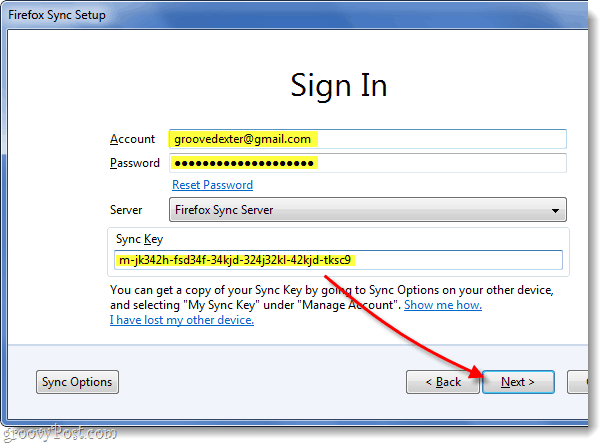 accedi a firefox sync usando la tua e-mail, password e chiave di sincronizzazione