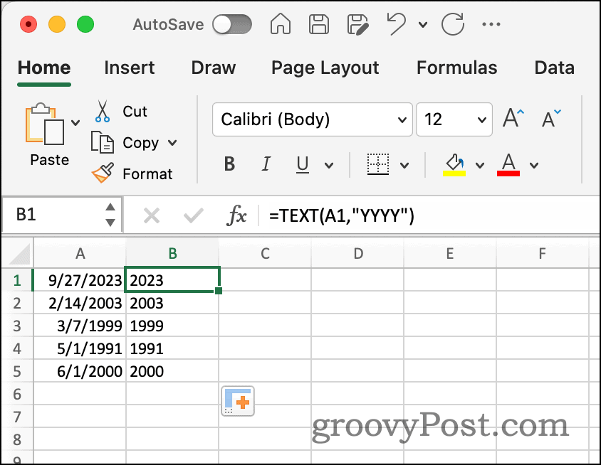 Anno estratto utilizzando la funzione testo