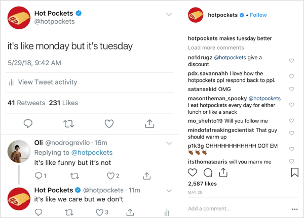 Post Instagram Hot Pockets con umorismo stravagante.