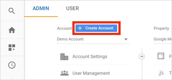 Nella scheda Amministratore del tuo account Google Analytics, fai clic su Crea account.
