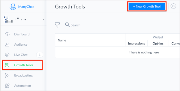 In ManyChat, seleziona Strumenti di crescita a sinistra e fai clic sul pulsante + Nuovo strumento di crescita in alto a destra.