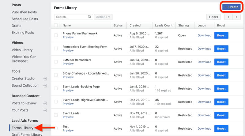 menu degli strumenti di pubblicazione del gestore aziendale di facebook con la libreria dei moduli evidenziata sotto i moduli degli annunci principali con il pulsante di creazione evidenziato