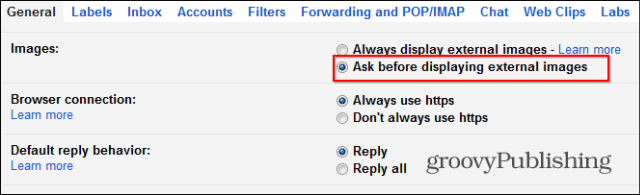 Gmail disabilita le impostazioni di caricamento automatico delle immagini