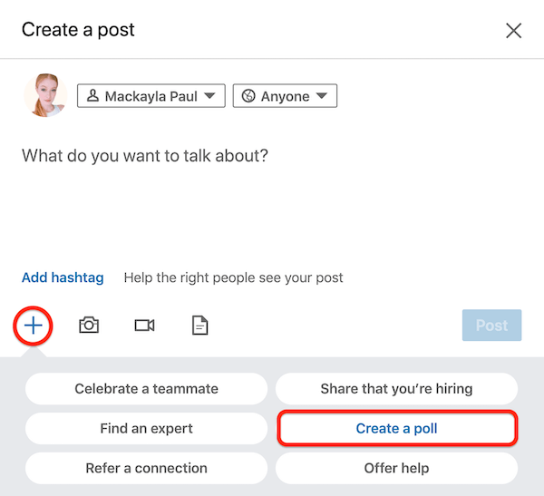 Finestra di dialogo Crea un post di LinkedIn con l'opzione Crea un sondaggio