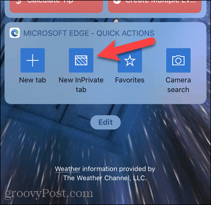 Tocca Nuova scheda InPrivate sul widget Edge su iOS