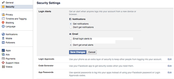 impostazioni di notifica di sicurezza del desktop di Facebook
