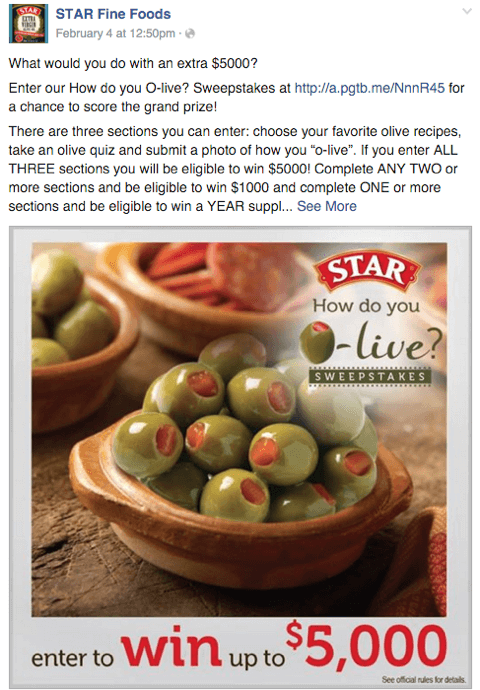 post del concorso facebook star olives