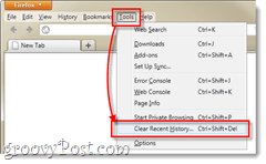 Menu degli strumenti della cronologia recente di Firefox 4