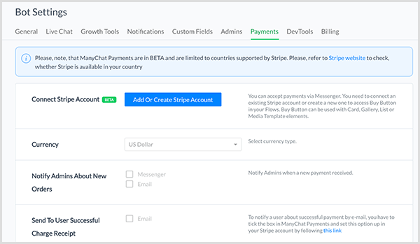 Molly Pittman afferma che le impostazioni del bot ManyChat ti consentono di connettere un account Stripe.