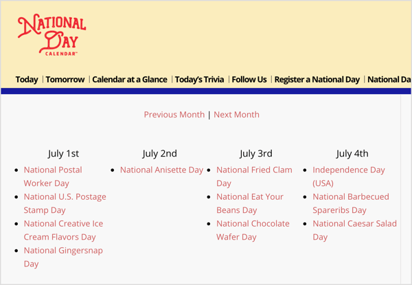 Il National Day Calendar è una risorsa per vacanze di nicchia casuali in linea con i tuoi obiettivi di marketing.