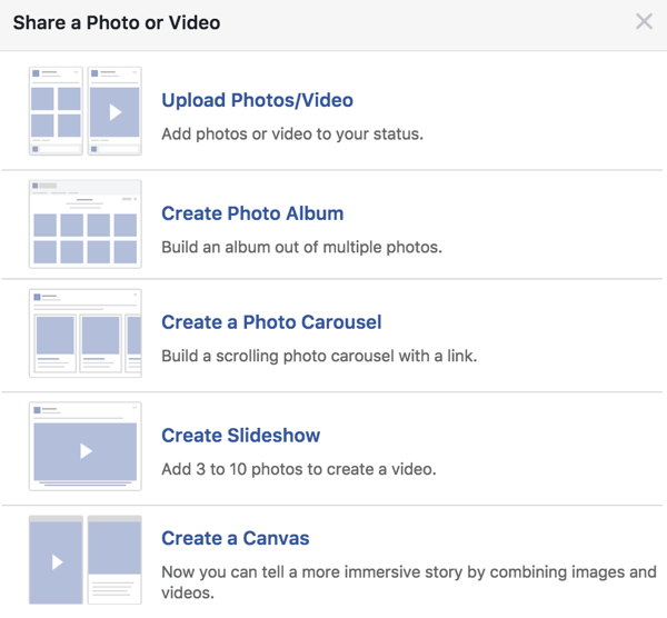 Quando crei un post di Facebook per potenziare, non sempre andare con una singola immagine; sperimentare anche altre opzioni multimediali.