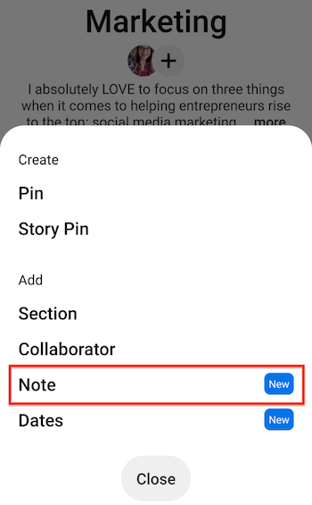 Screenshot di pinterest board mobile con le opzioni di menu crea / aggiungi che mostrano l'opzione nota evidenziata