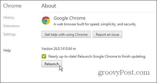 Google Chrome Informazioni sulla pagina - Aggiorna e riavvia
