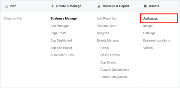 Apri Business Manager e seleziona Segmenti di pubblico nella colonna Risorse.