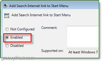 controlla il pulsante di opzione abilitato per abilitare il menu di avvio di windwos 7 menu di ricerca Internet, fai clic su OK per terminare