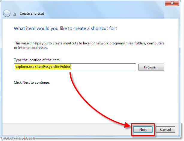 aggiungi l'estensione shelle del Cestino Explorer come collegamento di Windows 7