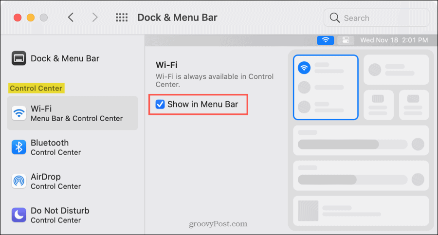 Centro di controllo alla barra dei menu