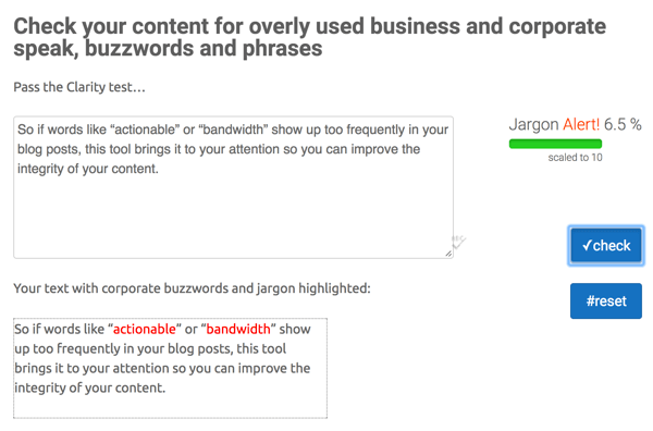 Clarity Jargon Buster controllerà i tuoi post sul blog per gergo e parole d'ordine.