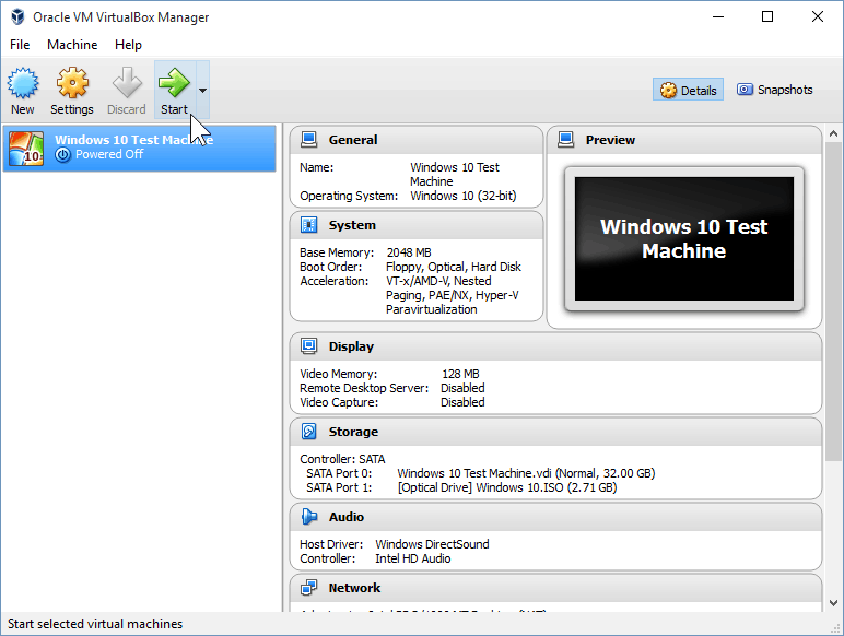 12 Avvia macchina virtuale (installazione di Windows 10)