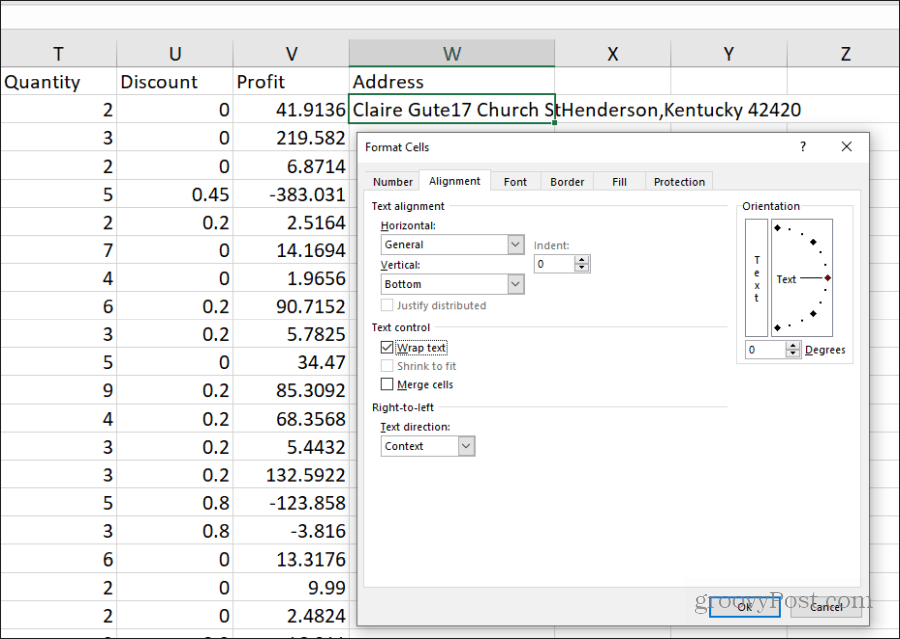 impostazione del testo a capo in Excel