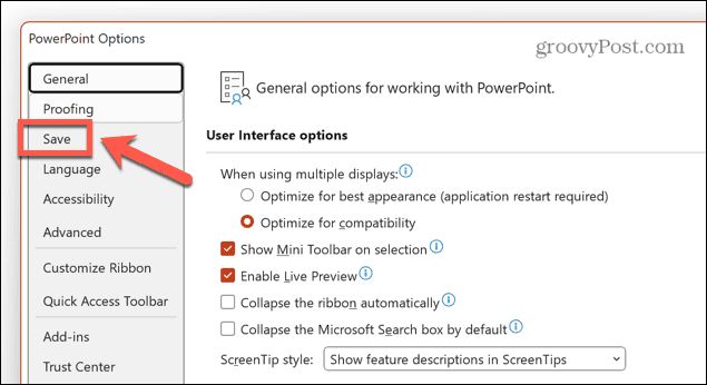 menu di salvataggio di powerpoint