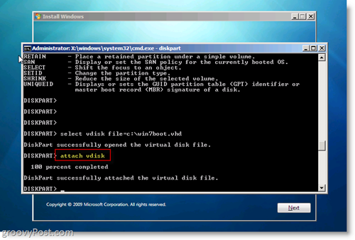 Windows 7 VHD nativo Installa Dual Boot Collega VHD dal prompt CMD