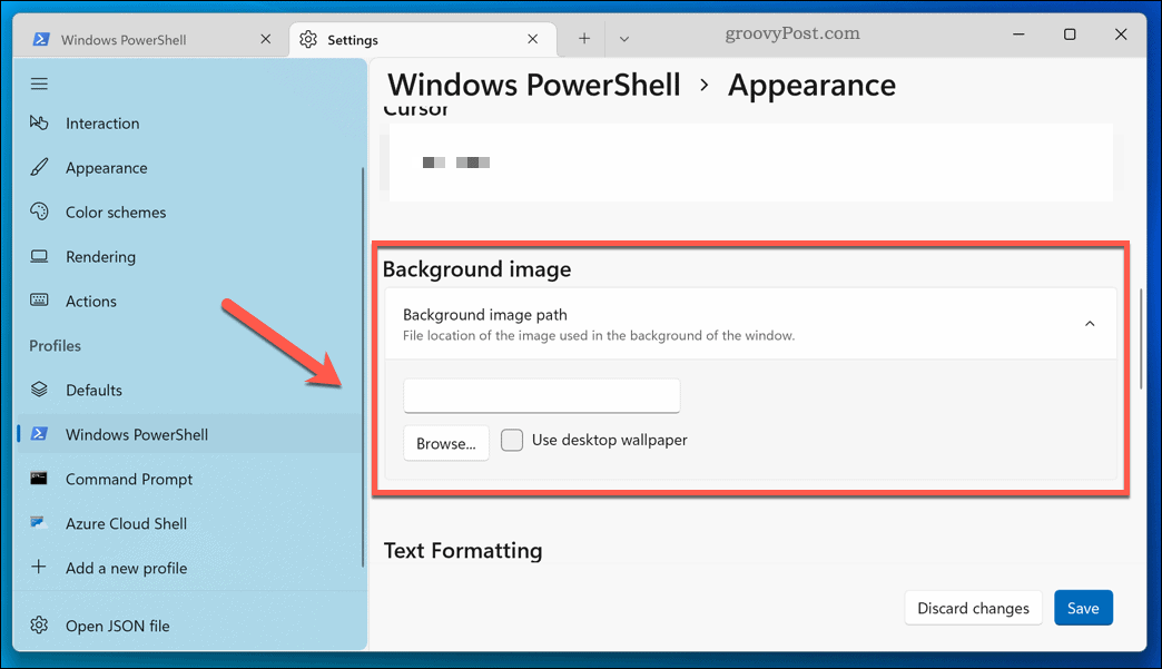 Applicazione di un nuovo sfondo all'app terminale di Windows 11