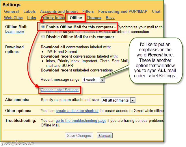 gmail abilita la posta offline per il computer e modifica le impostazioni dell'etichetta