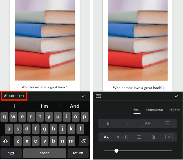 Crea una storia di Instagram Unfold passaggio 5 mostrando le opzioni di modifica del testo.