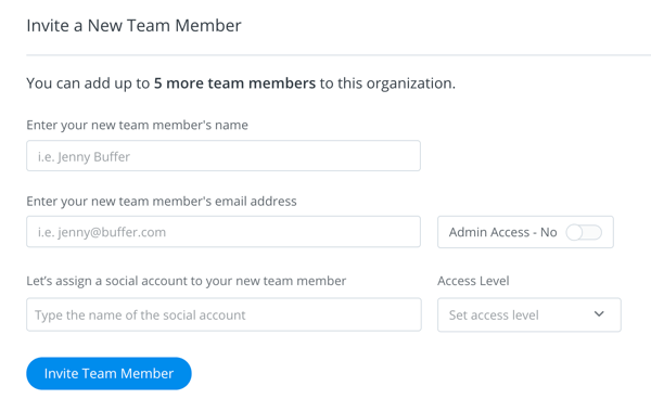 Compila i dettagli dell'invito per la persona che desideri aggiungere al tuo team Buffer.
