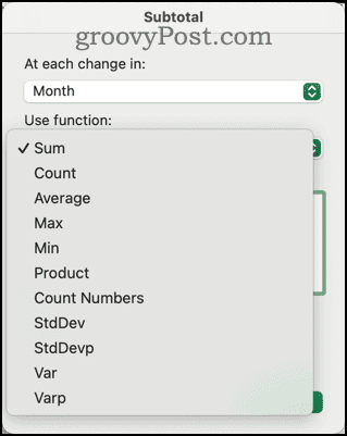Diverse funzioni disponibili nella finestra di dialogo Totale parziale in Excel