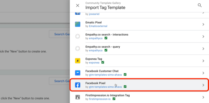 galleria di modelli di comunità di google tag manager galleria importazione di modelli di tag menu con modelli di esempio di pixel ematic, tag exponea, chat clienti Facebook, tra gli altri con pixel di Facebook evidenziati