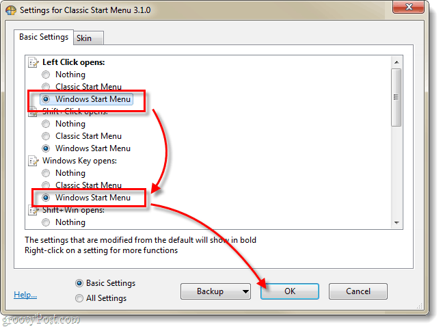 shell classica, impostazioni del menu di avvio di Windows