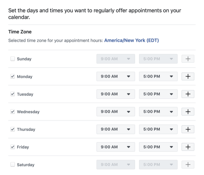 impostare date e orari disponibili per prenotazione appuntamento con la pagina Facebook