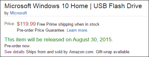 Pre-ordina unità flash USB al dettaglio di Windows 10 da Amazon