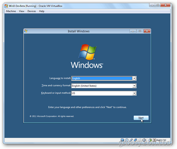 Menu di installazione di VirtualBox Windows 8