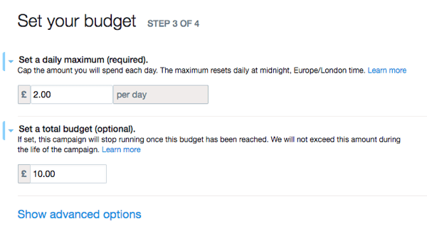 Imposta il budget del tuo annuncio Twitter.