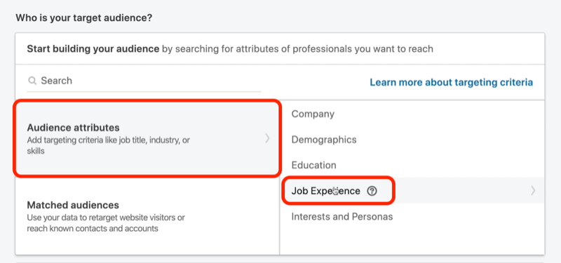 screenshot di Who Is Your Audience? sezione nella configurazione della campagna LinkedIn