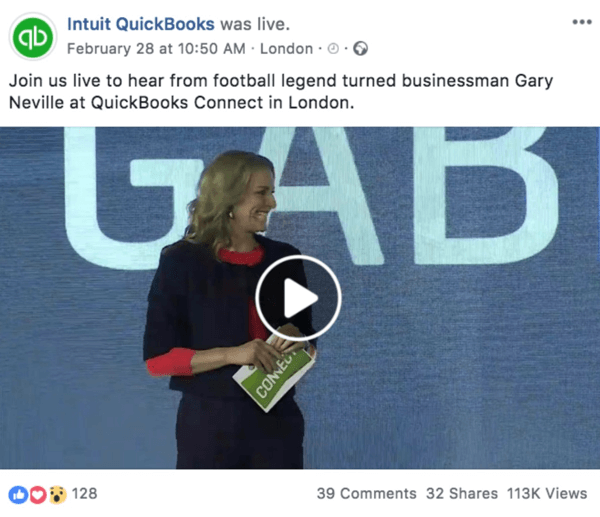 Esempio di un post di Facebook che annuncia un imminente video in diretta da Intuit Quickooks.