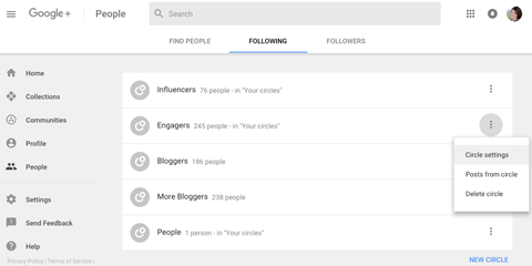 nuovo accesso alle impostazioni delle cerchie di Google Plus