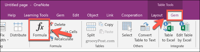 Inserimento di una formula Excel utilizzando il componente aggiuntivo Gem for OneNote in OneNote