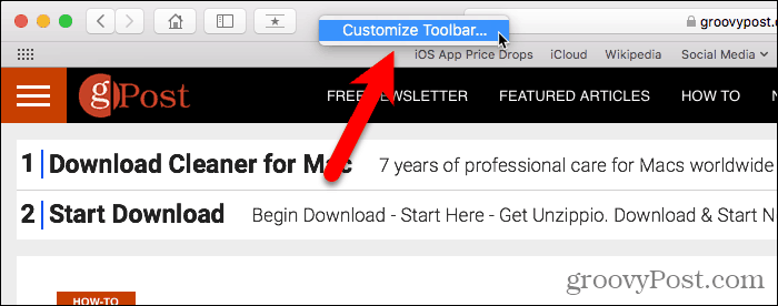 Seleziona Personalizza barra degli strumenti in Safari per Mac