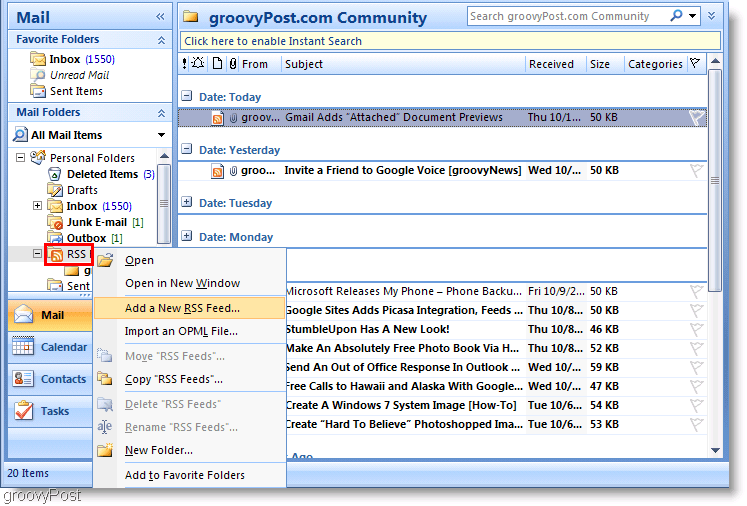 Schermata Microsoft Outlook 2007 Aggiungi nuovo feed RSS